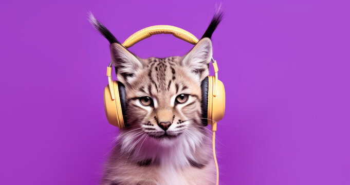 Fluffy lynx listening to music with headphones on purple background © Daria17