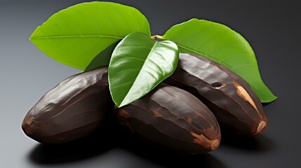 Cocoa beans with leaves on black background. 3d illustration