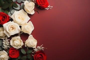 Beautiful Red and white rose background for Valentines or Mother's Day Background with copy space.