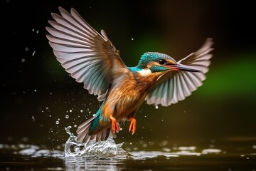 Female Kingfisher fly over the river 