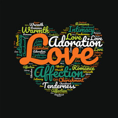 Word cloud typography design about love for t-shirt, stickers, mug, bag print