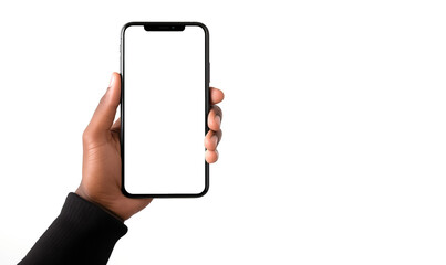 Male hand holding phone isolated on white, mock-up smartphone blank screen - obrazy, fototapety, plakaty