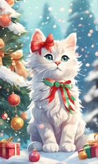 Cute kitten siting near decorated Christmas tree. Christmas lights background. Merry Christmas and Happy New Year greeting card with cute kitty. Design for postcard, poster, or brochure.