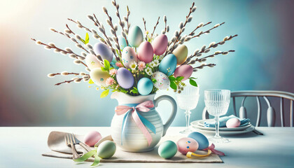 Chic Easter Table Setting with Egg and Willow Arrangement, Pastel Palette Decor