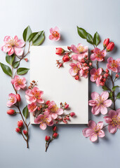 Beautiful blossom spring flowers and blank greeting card on pastel background. Floral composition for Valentine's day, Women's day, Wedding, Birthday or Mother's day.