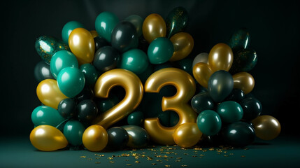Background for a 23 years birthday, golden wedding anniversary, golden numbers on a black background. Golden, green and black balloons. Golden numbers. Party invitation, menu.
