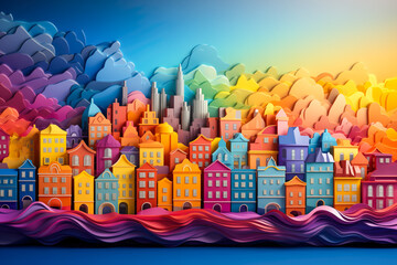 A Cityscape Embellished with Rainbow Designs Celebrating Pride Month and LGBTQ+ Solidarity on a Gradient Backdrop