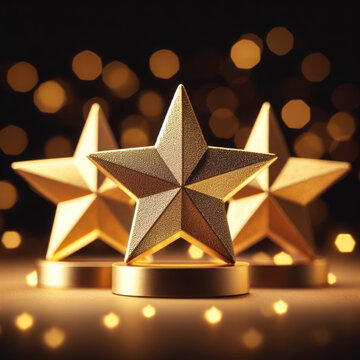 Front view of stars shape line up on table isolated on bokeh and gold glitter background. ai generative