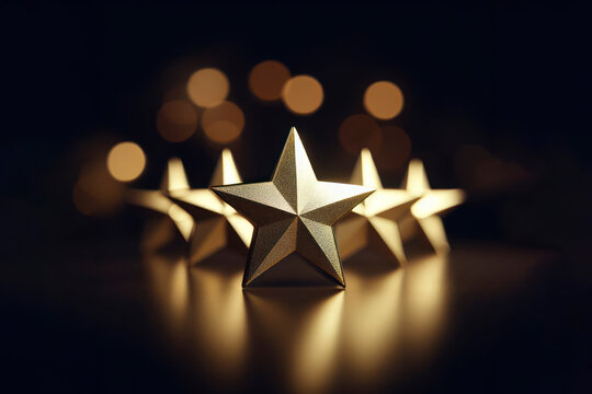 Front view of stars shape line up on table isolated on bokeh and gold glitter background. ai generative