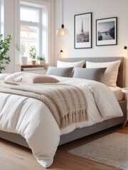 idea design apartment a cozy Scandinavian white bedroom. Bed, soft cushion, white and cream pillows, carpet under the bed, picture frame in a white room. perfect space for relaxation and comfort
