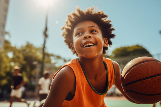 Black children play basketball in the school yard on a sunny day outdoors
