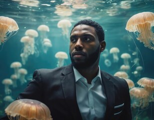 Portrait of a Black man in a formal suit underwater among jellyfish floating around him