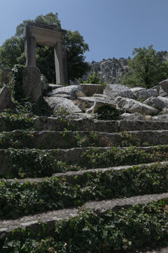 Ancient ruins of antique ghost city Termessos in Turkey, Antalya: former Lycia. Broken fallen columns, cracked stone slabs, steps, arcs. 