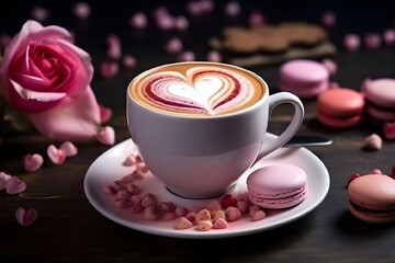 VAlentine's Day cappuccino with latte art in the form of a heart, ponk macaroons, pink rose. Romantic atmosphere