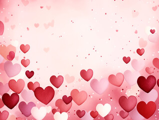 Valentine's Day concept red and pink hearts drawn on a pastel pink background, rustic textures, hand-drawn, decorative backgrounds with copy space