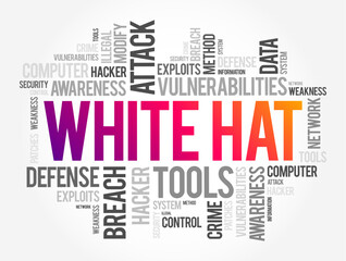 White Hat is an ethical security hacker, word cloud concept for presentations and reports