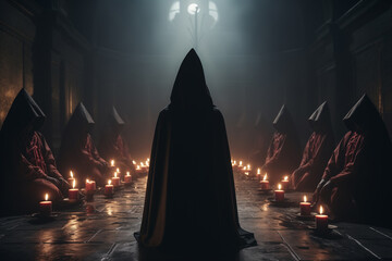 Secret society ceremony, people in hoods praying together. Members of sect perform the ritual in dark hall. Dark Religion and magical Occultism