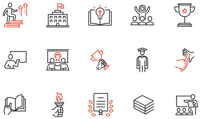 Vector Set of Linear Icons Related to Educational Process, Training, Tutorship and Lecture. Mono line pictograms and infographics design elements