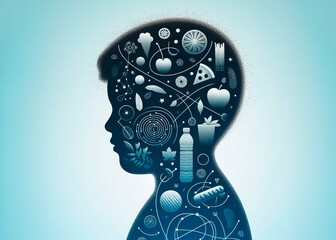 silhouette of a child surrounded by icons of food, technology, science, and entertainment.
