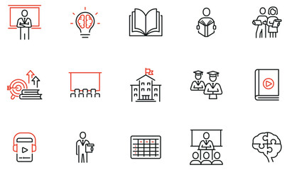 Vector Set of Linear Icons Related to Educational Process, Training, Tutorship and Lecture. Mono line pictograms and infographics design elements