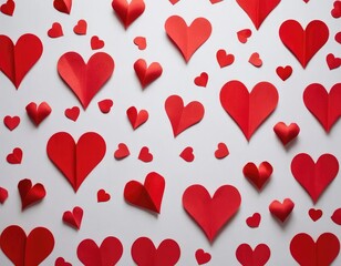 Red paper hearts from ribbons sticking out at the end on red paper background. Love and Valentine's day concept
