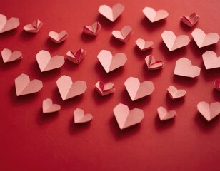 Red paper hearts from ribbons sticking out at the end on red paper background. Love and Valentine's day concept