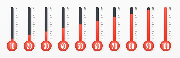 Thermometers with different temperatures. Weather scale icon set with various level percentage. Collection of thermometer with red liquid. Vector illustration