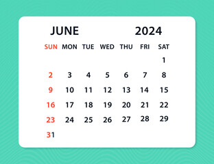 June 2024 Calendar Leaf. Monthly calendar template for 2024 year. Calendar planner for 2024. Colorful wall calendar in English. Mock up Week starts Sunday. Vector illustration