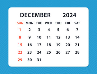 December 2024 Calendar Leaf. Monthly calendar template for 2024 year. Calendar planner for 2024. Colorful wall calendar in English. Mock up Week starts Sunday. Vector illustration