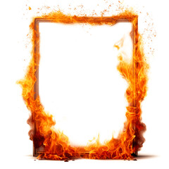Mockup of a burning frame is cut out on a transparent background. The fire on the frame spreads in different directions. Concept of carelessness with fire and its consequences - obrazy, fototapety, plakaty