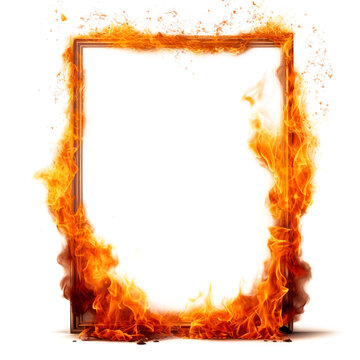 Mockup of a burning frame is cut out on a transparent background. The fire on the frame spreads in different directions. Concept of carelessness with fire and its consequences