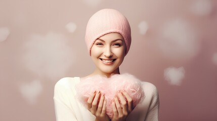 Cancer Day. A beautiful girl in a scarf or hat, smiling.