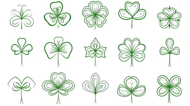 A collection of stylized clover leaves on a white background. The concept of St. Patrick.