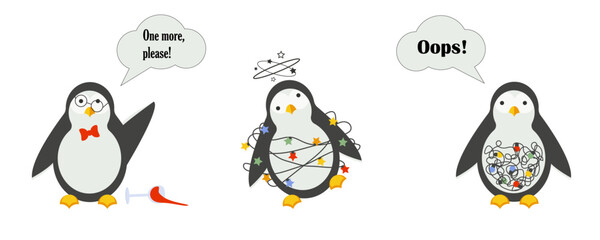 Funny penguin set. Animals in human roles each isolated on white background. Vector design for icon, print, logo, card