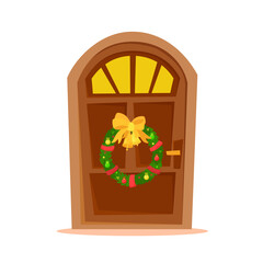 Vector flat illustration of decorated door with Christmas wreath. Cartoon home entrance with decorative stars and balls on white background. Cute advent image for winter greeting card or advertising