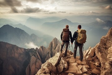 Hiking Companions Conquering Mountains as Friends Reaching New Heights at Sunset