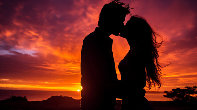 Silhouette d'un couple qui s'embrasse sur une plage avec un beau coucher de soleil. Couleurs rose et orange. Amour, nature, beauté. Pour conception et création graphique.