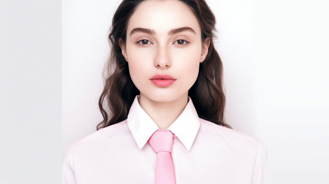 Jeune femme, mannequin qui prend la pose pour une photo avec une chemise blanche et cravate rose. Mode, beaut&eacute;. Pour conception et cr&eacute;ation graphique.