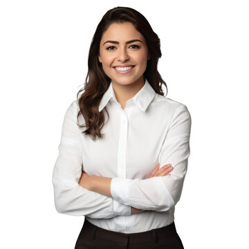 Business Woman Wearing White Shirt Isolated On Transparent. Portrait Of Successful Business Woman