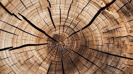 Abstract wooden texture, concentric circles with radial cracks, close-up. Perfect for background or natural patterns.