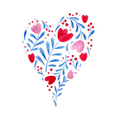 Heart made of watercolor floral. Valentine's Day card. Hand drawn illustration isolated on white background. For packaging, wrapping design, wedding or print.