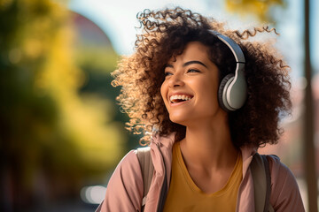Cool woman listening to music whit headphones in the street