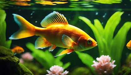 A school of colorful fish swims gracefully in a lush green aquarium surrounded by nature.