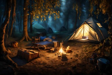 A dreamlike depiction of an adventure camp, where the moonlight filters through the leaves