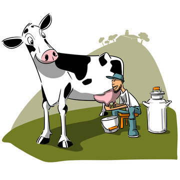 Farmer milking a smiling Holstein cow with a jug of milk.