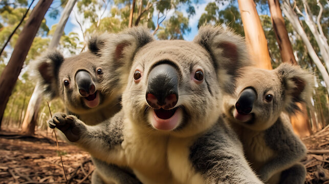 Selfie of three koala