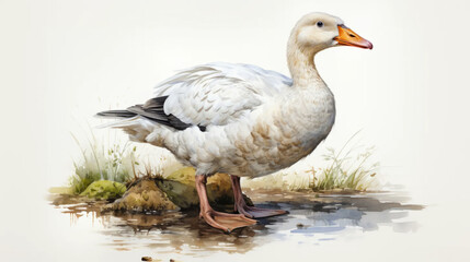 Naklejka na ściany i meble Watercolor illustration of a white goose on a light background. Farm animal life
