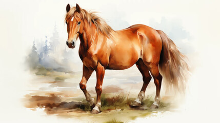 Watercolor illustration of a horse on a light background. Farm animal life