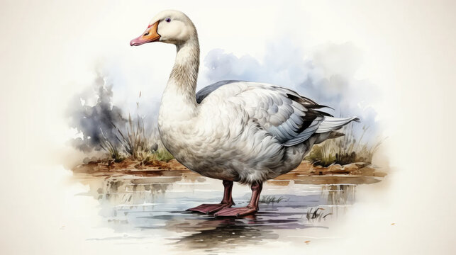 Watercolor illustration of a white goose on a light background. Farm animal life