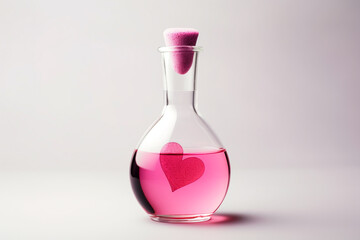 In a glass bottle, pink liquid with a heart, light gray background, minimalism